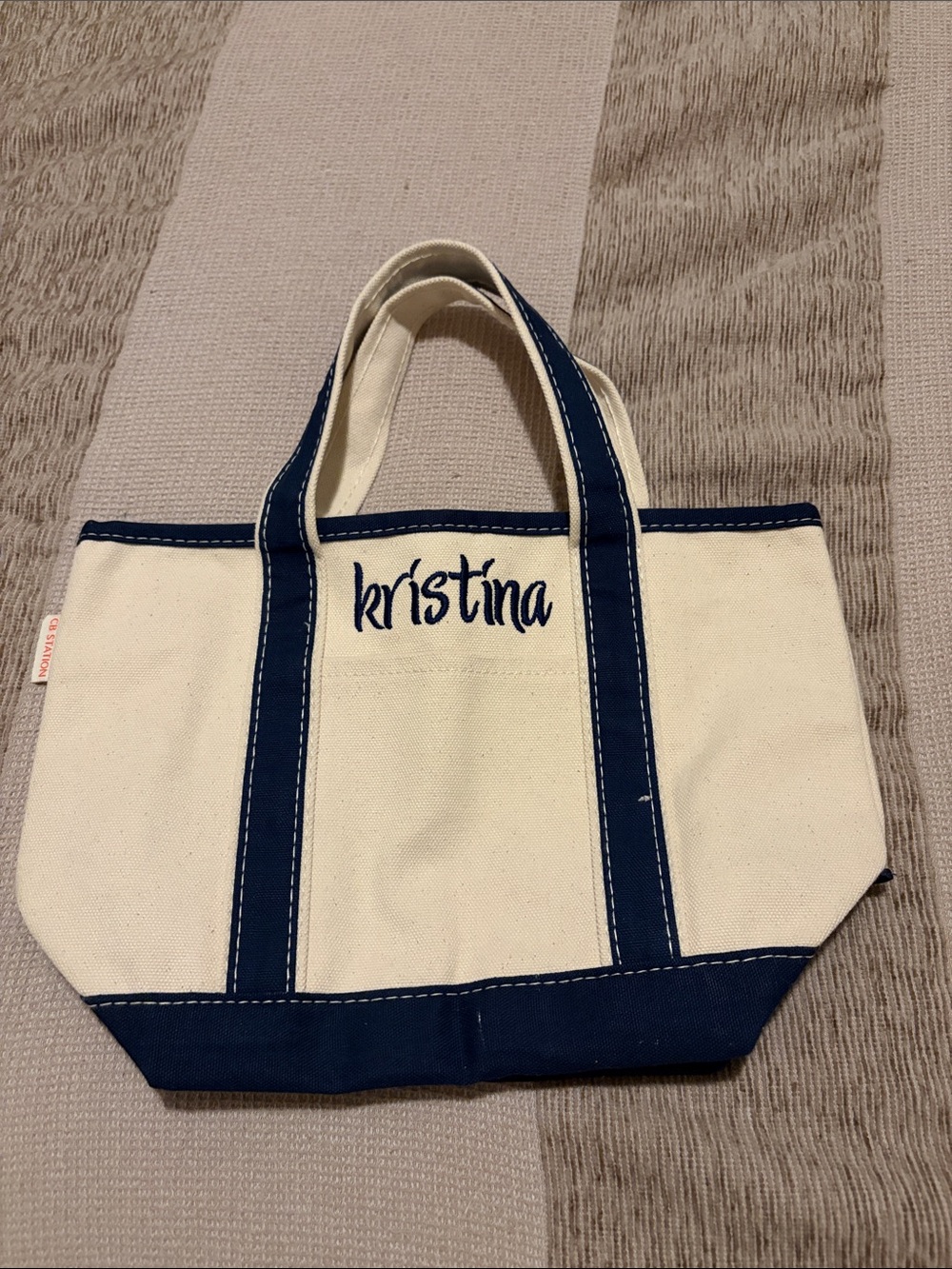 Personalized Canvas Tote Bag in Navy and Cream - Kristina Embroidery